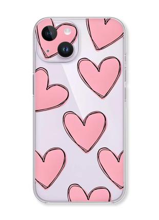 Прозорий чохол із захистом камери на iphone 14 дизайн сердечка рожеві принт 78