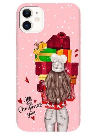 Матовий рожевий чохол на apple iphone 11 (6.1) дівчина з подарунками. новий рік (принт 144)