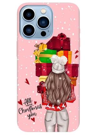 Матовый розовый чехол на apple iphone 13 pro max девушка с подарками. новый год (принт 144)