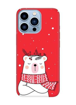 Матовый красный чехол на apple iphone 13 pro max медведь в шарфе (принт 147)