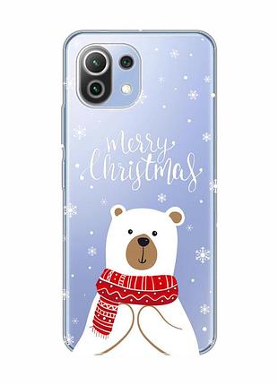 Прозрачный чехол на xiaomi mi 11 lite мишка. с рождеством (принт 146)