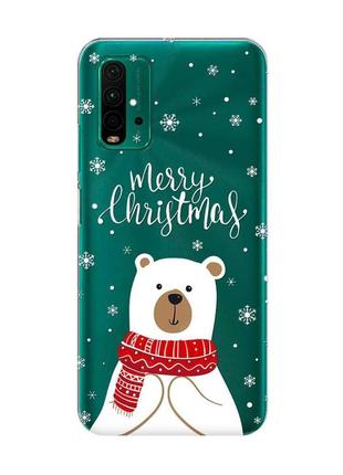 Прозрачный чехол на xiaomi redmi 9t мишка. с рождеством (принт 146)