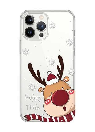 Прозрачный чехол с защитой камеры на iphone 14 pro max зимний оленёнок (принт 155)