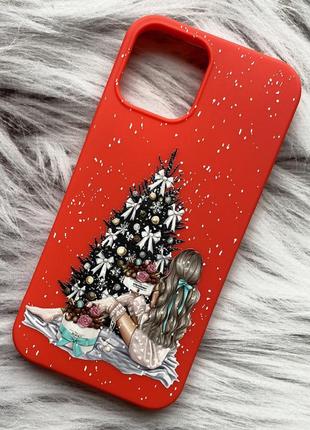 Матовий червоний чохол на apple iphone 12 / 12 pro (6.1) дівчина біля ялинки (принт 139)