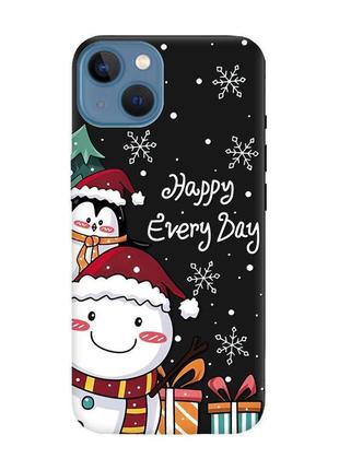 Матовый черный чехол на apple iphone 13 снеговик и пингвин (принт 156)