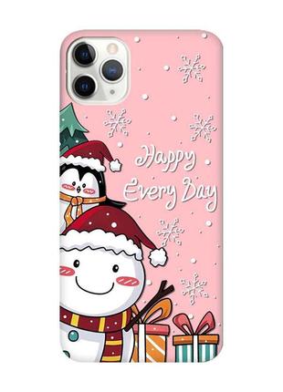 Матовый розовый чехол на iphone 11 pro max (6.5) снеговик и пингвин (принт 156)