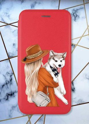 Чехол-книжка с рисунком для samsung galaxy a03s красный :: девушка с собачкой (принт 115)