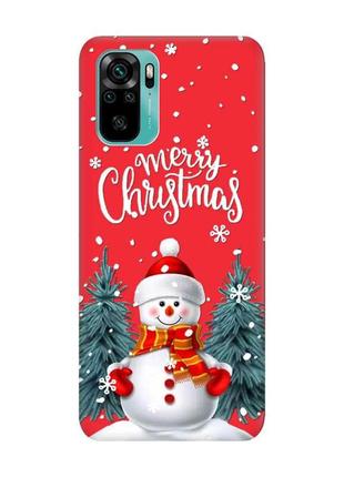 Матовый красный чехол на xiaomi redmi note 10 / note 10s снеговик (принт 152)