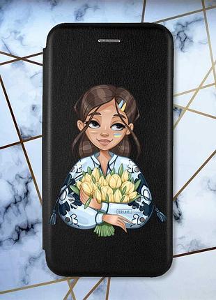 Чохол-книжка з малюнком для xiaomi redmi note 8 pro чорний; дівчина з тюльпанами (патріотичний принт 22)