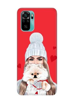Матовый чехол с красными боками на xiaomi redmi note 10/note 10s девушка с собачкой (принт 142)