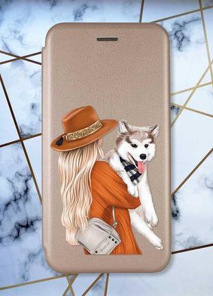 Чохол-книжка з малюнком для xiaomi redmi 9 золотистий; дівчина з песиком (принт 115)