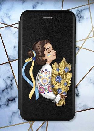 Чехол-книжка с рисунком для xiaomi redmi 7a черный :: украинка с колосками (принт 172)