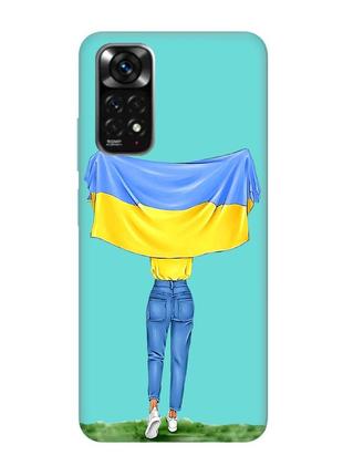 Матовый чехол с бирюзовыми боками на xiaomi redmi note 11 девушка с флагом (принт 263)