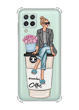 Чехол с утолщёнными углами на samsung galaxy a22 4g/m32/m22 :: девушка на кофе (принт 228)