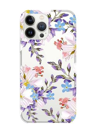 Прозрачный чехол с защитой камеры на iphone 14 pro :: цветочный рисунок (принт 272)