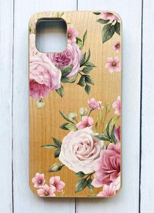 Деревянный чехол на iphone 11 pro max (6,5) :: розовые цветы (принт 287)