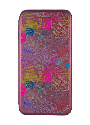 Чехол-книжка с рисунком для xiaomi redmi 8 бордовый :: путешествия. штампы (принт 316)