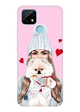 Матовый чехол с розовыми боками на realme c21y :: девушка с собачкой (принт 142)