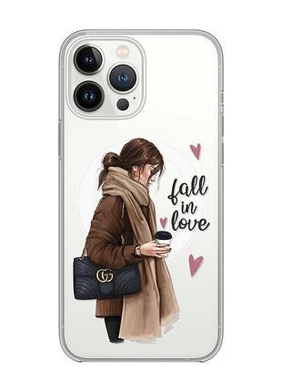 Магнитный чехол на iphone 14 pro с поддержкой magsafe :: девушка с кофе (принт 112)