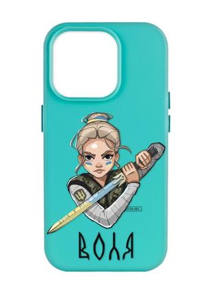 Матовый чехол с бирюзовыми боками на apple iphone 14 pro max :: украинская защитница (принт 170)