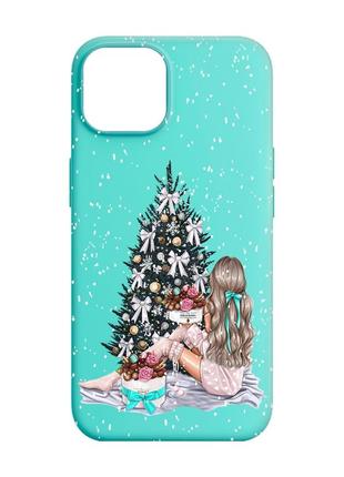 Матовый чехол с бирюзовыми боками на apple iphone 14 :: девушка возле ёлки (принт 139)
