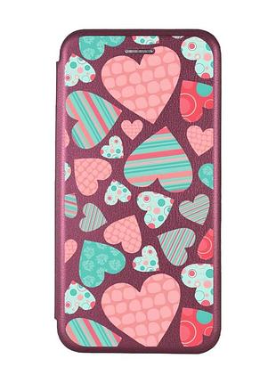 Чохол-книжка з малюнком для xiaomi redmi 10 бордовий :: різнокольорові сердечка (принт 334)