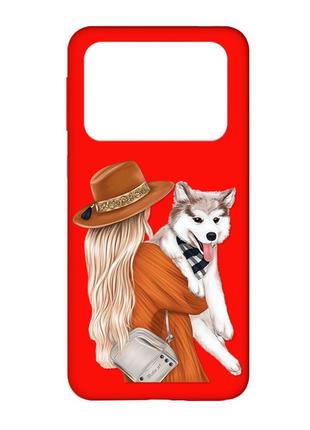 Матовый чехол с красными боками на xiaomi poco x4 pro 5g :: девушка с собачкой (принт 115)