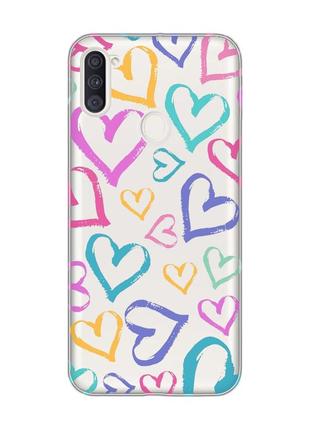 Прозорий чохол на samsung galaxy a11 :: різнокольорові сердечка (принт 332)