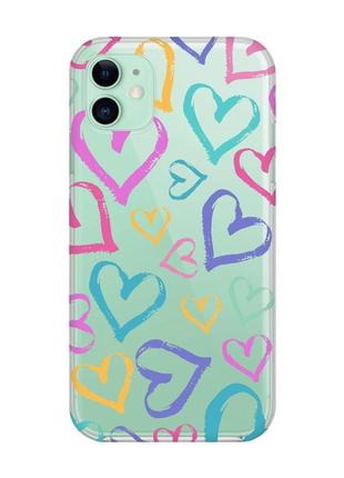 Прозрачный чехол на apple iphone 11 (6,1) :: разноцветные сердечка (принт 332)