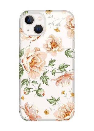 Прозрачный чехол с защитой камеры на iphone 14 plus :: цветы пастельные (принт 277)