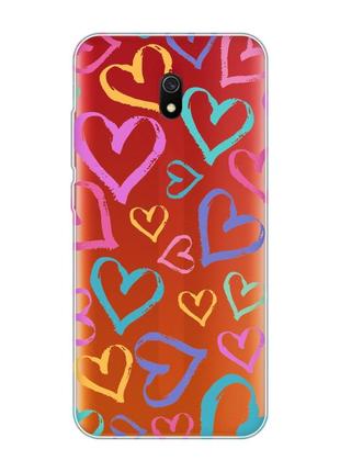 Прозрачный чехол на xiaomi redmi 8a :: разноцветные сердечка (принт 332)