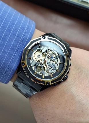 Мужские механические наручные часы скелетоны с автоподзаводом  forsining 8130 black-gold-black