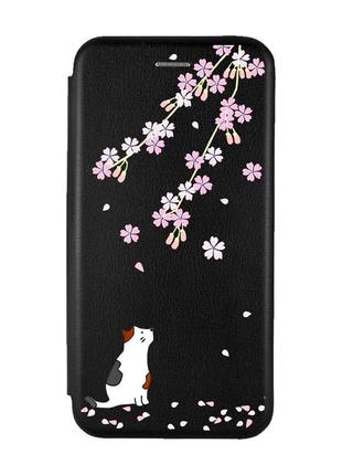 Чехол-книжка с рисунком для xiaomi poco c40 черный :: котик и сакура (принт 283)