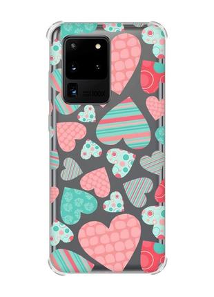 Чохол з потовщеними кутами на samsung galaxy s20 ultra :: різнокольорові сердечка (принт 334)