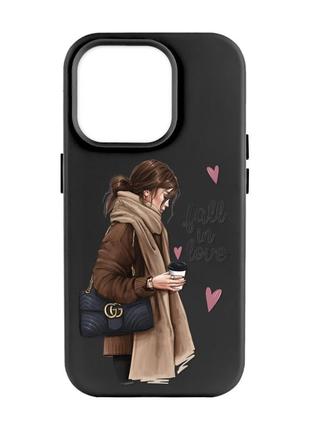 Матовый чехол с черными боками на apple iphone 14 pro max :: девушка с кофе (принт 112)