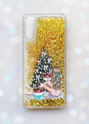 Чехол с плавающими блестками на samsung galaxy a50 (2019) a505f a30s a307 золотой :: девушка возле ёлки (принт