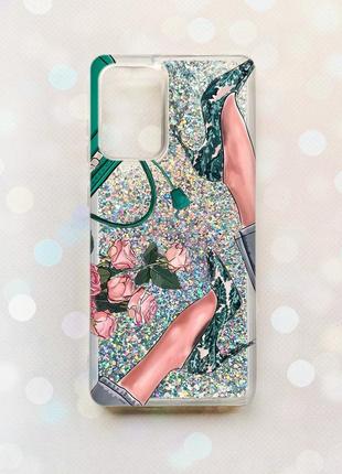 Чехол с плавающими блестками на samsung galaxy a52 (a525) серебряный :: туфельки и цветы (принт 225)