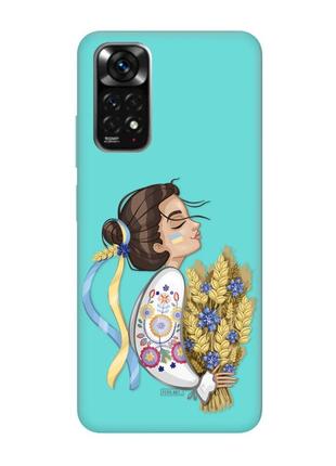 Матовый чехол с бирюзовыми боками на xiaomi redmi note 11 :: украинка с колосками (принт 172)