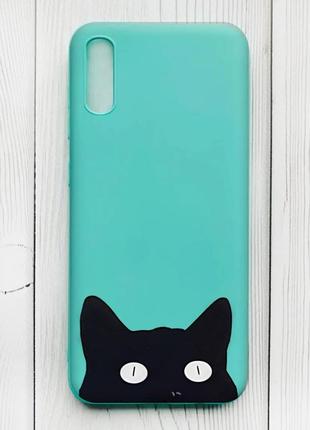Матовый чехол с бирюзовыми боками на xiaomi redmi 9а :: кошечка (принт 119)