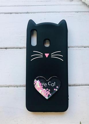 Чохол силіконовий 3d case з переливаються блиском для samsung galaxy а30 2019 / а20 2019 кіт чорний