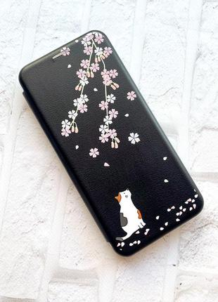 Чехол-книжка с рисунком для xiaomi redmi note 7/7 pro черный :: котик и сакура (принт 283)2 фото