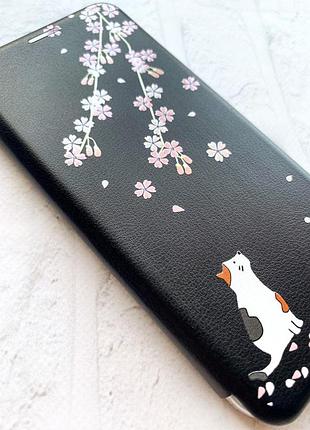Чехол-книжка с рисунком для xiaomi redmi note 7/7 pro черный :: котик и сакура (принт 283)3 фото