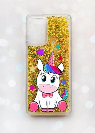 Чехол с плавающими блестками на samsung galaxy a52 (a525) золотой единорог (принт 102)