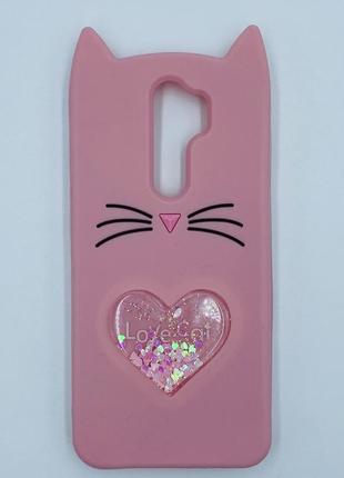 Чохол силіконовий 3d case з переливаються блиском для xiaomi redmi note 8 pro кіт рожевий