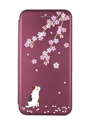 Чохол-книжка з малюнком для apple iphone xr бордовий :: котик і сакура (принт 283)