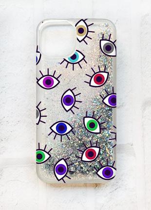 Чехол с плавающими блестками на iphone 13 серебряный :: разноцветные глаза (принт 336)