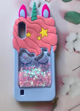 Чохол силіконовий 3d case з переливаються блиском для samsung galaxy a01 єдиноріг блакитний
