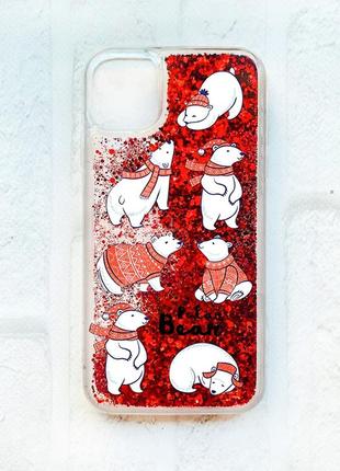 Чохол із плаваючими блискітками на iphone 11 червоний :: ведмедики (новорічний принт 145)
