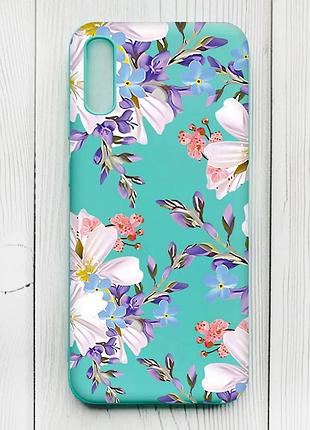 Матовый чехол на xiaomi redmi 9а бирюзовый :: цветочный рисунок (принт 272)