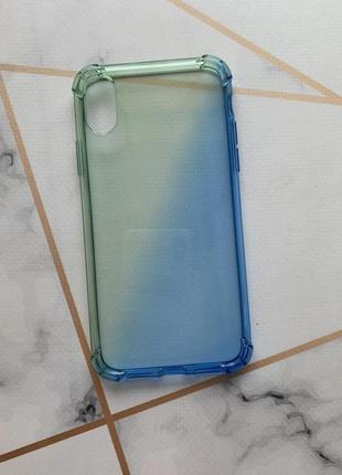 Прозрачный силиконовый чехол с утолщёнными углами для iphone x xs градиент зелёно-синий3 фото